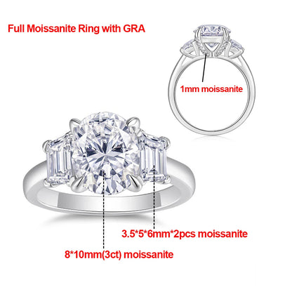 3CT Oval Moissanite Engagement Ring For Women GRA Certified Trapezoid & Oval Three Stone Diamond Wedding Band 925 Silver Jewelry