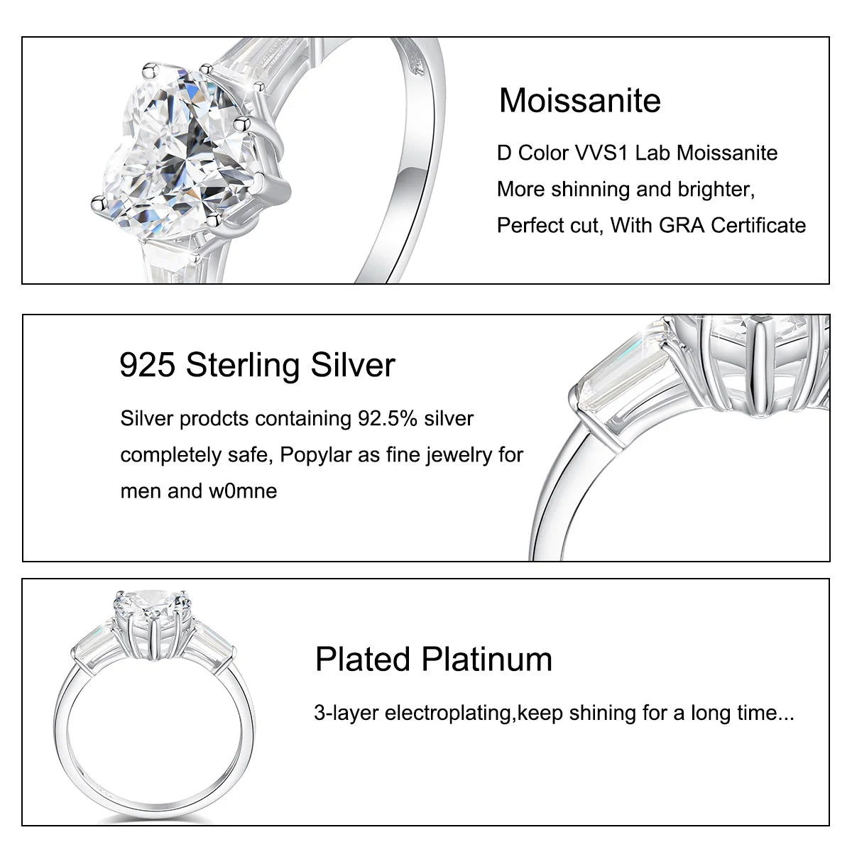 2 Carat Heart Moissanite Ring Woman 3 Stone Engagement Wedding Gift 925 Sterling Silver Plated White Gold Fine Jewelry