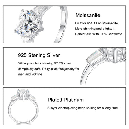 2 Carat Heart Moissanite Ring Woman 3 Stone Engagement Wedding Gift 925 Sterling Silver Plated White Gold Fine Jewelry