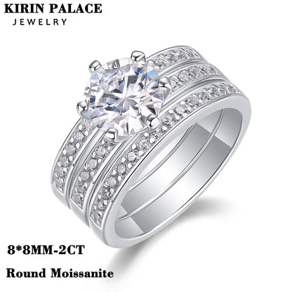Luxury Moissanite Engagement Ring Set Round 2 Carats Classic Design 925 Sterling Silver Fade-Resistant Women Wedding Rings