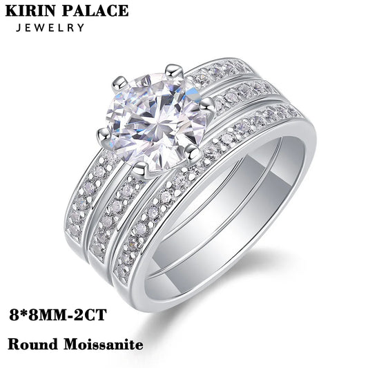 Luxury Moissanite Engagement Ring Set Round 2 Carats Classic Design 925 Sterling Silver Fade-Resistant Women Wedding Rings