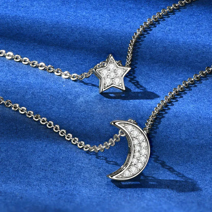 IOGOU D0.14CT VVS1 Moissanite Double Layer Pendant Necklace 925 Sterling Silver Moon Star Choker Necklace for Women Jewelry Gift