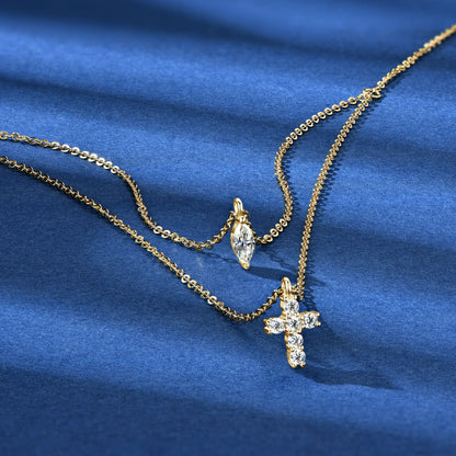 Cross Double Layered Moissanite Necklace for Women Marquise Pendant 925 Silver Collarbone Chain for Party Personalized Jewelry
