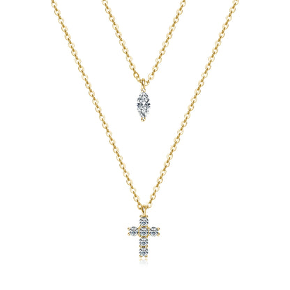 Cross Double Layered Moissanite Necklace for Women Marquise Pendant 925 Silver Collarbone Chain for Party Personalized Jewelry