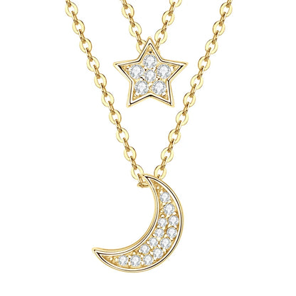 IOGOU D0.14CT VVS1 Moissanite Double Layer Pendant Necklace 925 Sterling Silver Moon Star Choker Necklace for Women Jewelry Gift