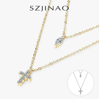 Cross Double Layered Moissanite Necklace for Women Marquise Pendant 925 Silver Collarbone Chain for Party Personalized Jewelry