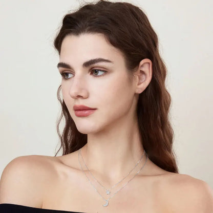 IOGOU D0.14CT VVS1 Moissanite Double Layer Pendant Necklace 925 Sterling Silver Moon Star Choker Necklace for Women Jewelry Gift