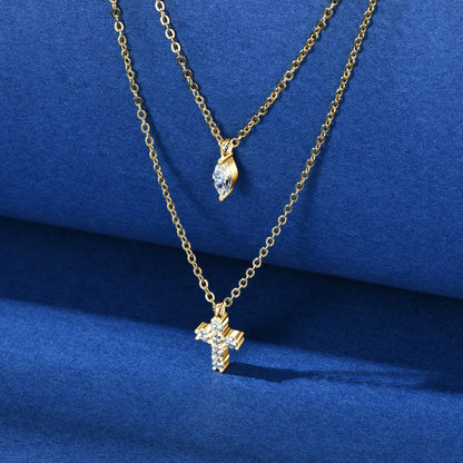 Cross Double Layered Moissanite Necklace for Women Marquise Pendant 925 Silver Collarbone Chain for Party Personalized Jewelry
