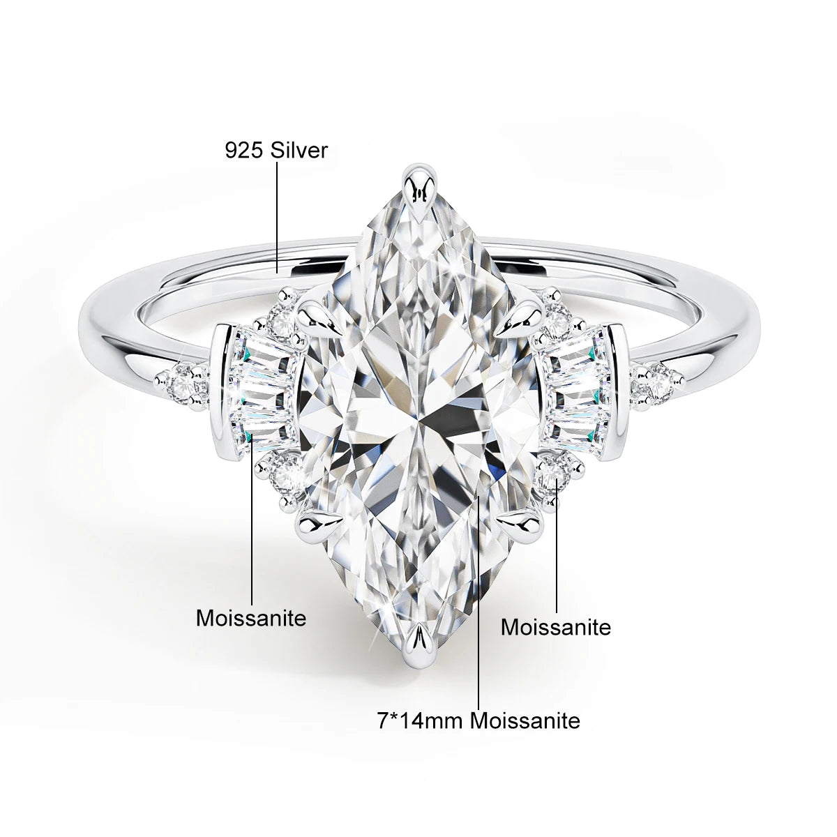 Marquise Cut 7*14mm Full Moissanite Wedding Ring for Women D VVS1 925 Silver Plated 18K Gold Luxury Sparkling Engagement Jewelry