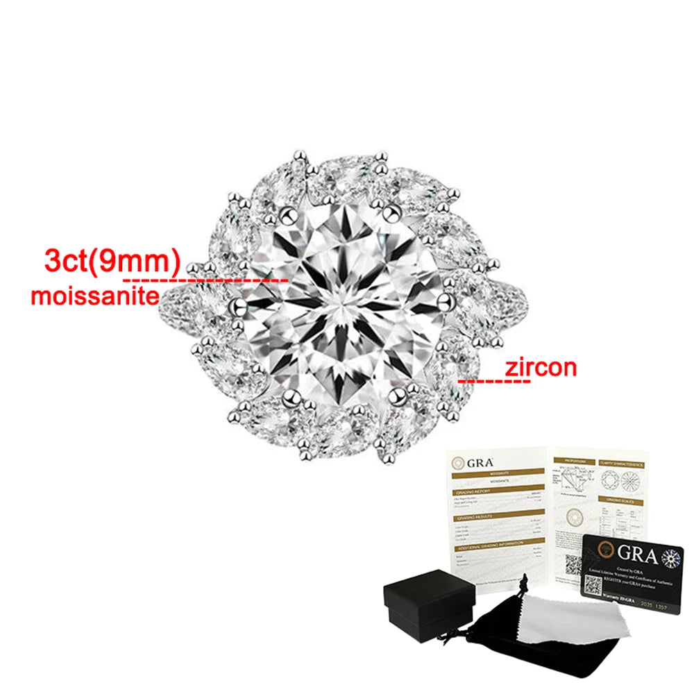 Luxury 3CT Moissanite Engagement Ring with Certificate Sparkling Diamond 925 Sterling Silver Wedding Band Jewelry Ring For Women