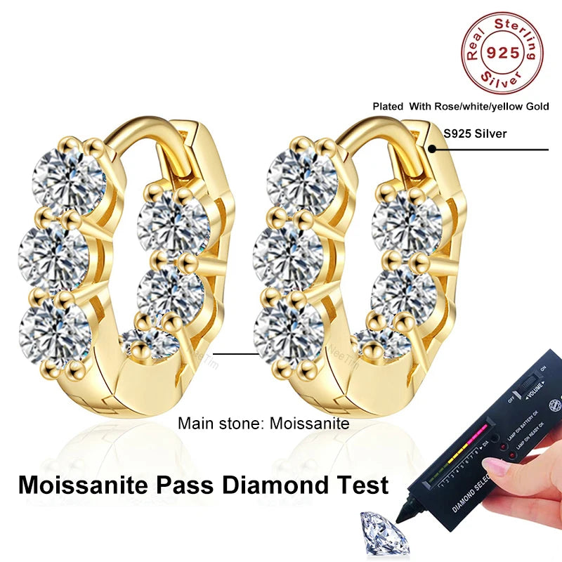 NeeTim 3mm Full Moissanite Hoop Earrings for Women Lab Diamond 925 Sterling Silver with Yellow Gold Plated Wedding Earring
