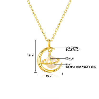 Cosmic Planet Pendant 6mm Natural Freshwater Pearl Necklace 925 Sterling Silver Plated 18K Gold for Women Unique Jewelry Gift