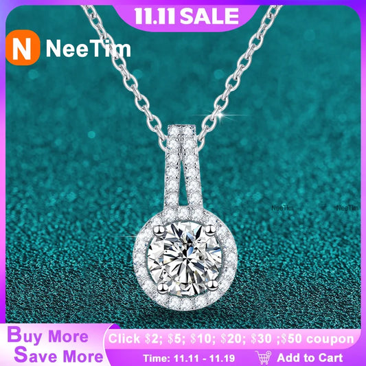 NeeTim 1ct 2ct 5ct Moissanite Necklace for Women Sterling Silver 925 with White Gold Plated Lab Diamond Sparkling Pendant