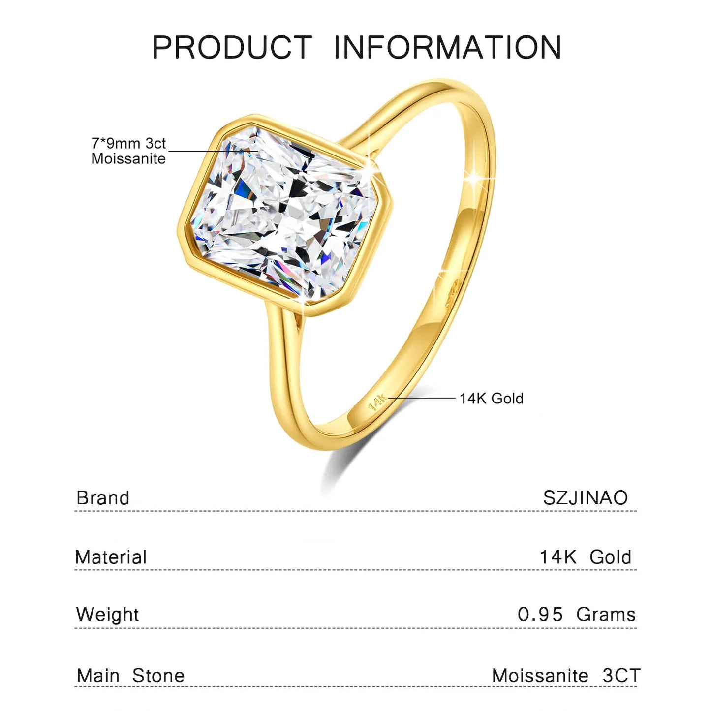 Radiant Cut 14K Gold Moissanite Ring 3CT D VVS1 for Women 100% Genuine Au585 Engagement Wedding Christmas Gifts Classsic