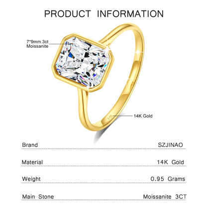 Radiant Cut 14K Gold Moissanite Ring 3CT D VVS1 for Women 100% Genuine Au585 Engagement Wedding Christmas Gifts Classsic
