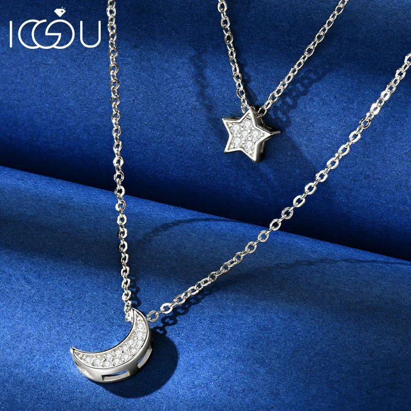 IOGOU D0.14CT VVS1 Moissanite Double Layer Pendant Necklace 925 Sterling Silver Moon Star Choker Necklace for Women Jewelry Gift
