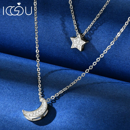 IOGOU D0.14CT VVS1 Moissanite Double Layer Pendant Necklace 925 Sterling Silver Moon Star Choker Necklace for Women Jewelry Gift