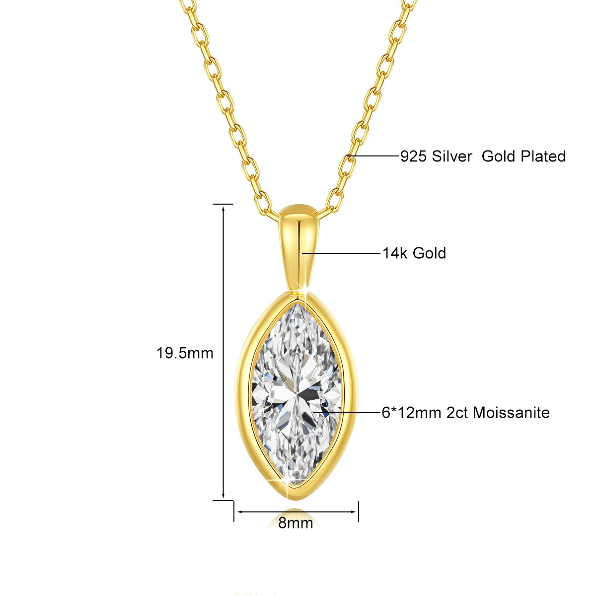 Marquise Cut Moissanite Solitaire Necklace 14K Gold Certified 100% Authentic for Women Collarbone Chain Pendant Anniversary Jewe