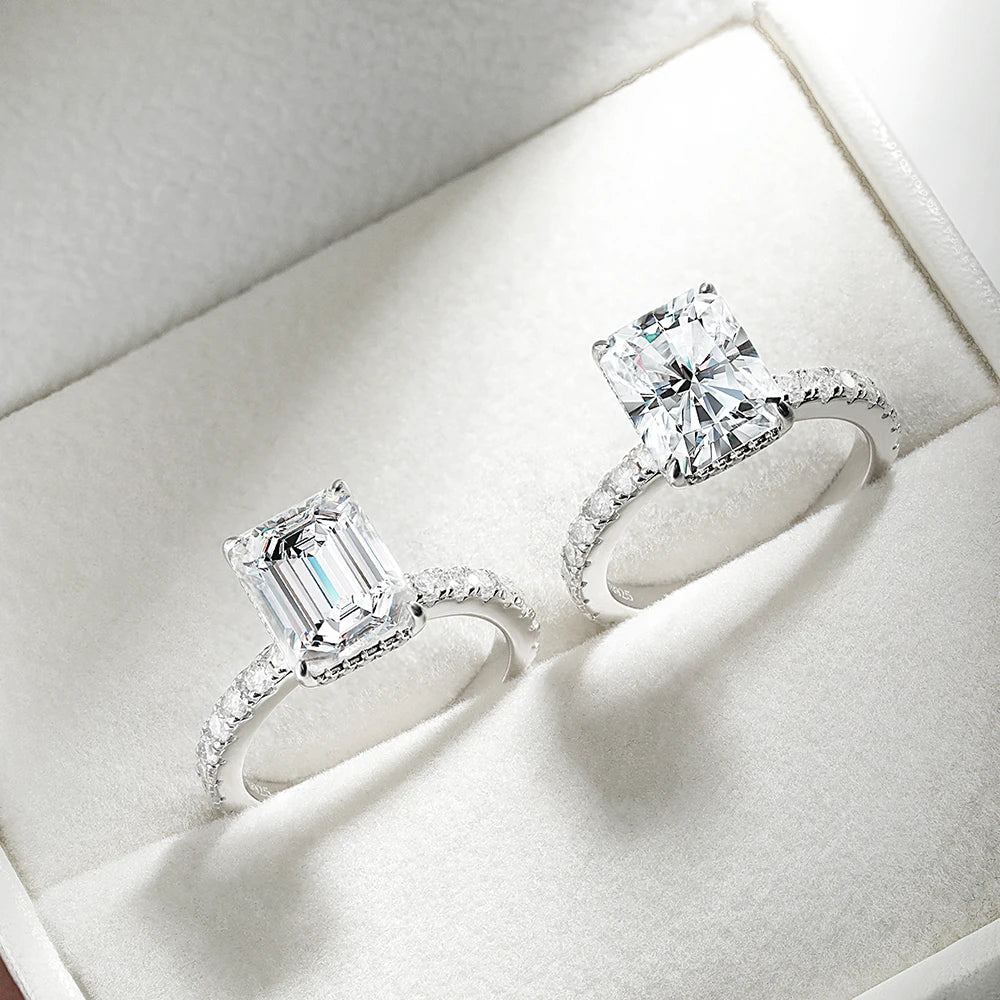 Emerald/Radiant Cut Real Full Moissanite Ring for Women 8*10mm D Color Diamond 925 Sterling Silver Wedding Band with Certificate