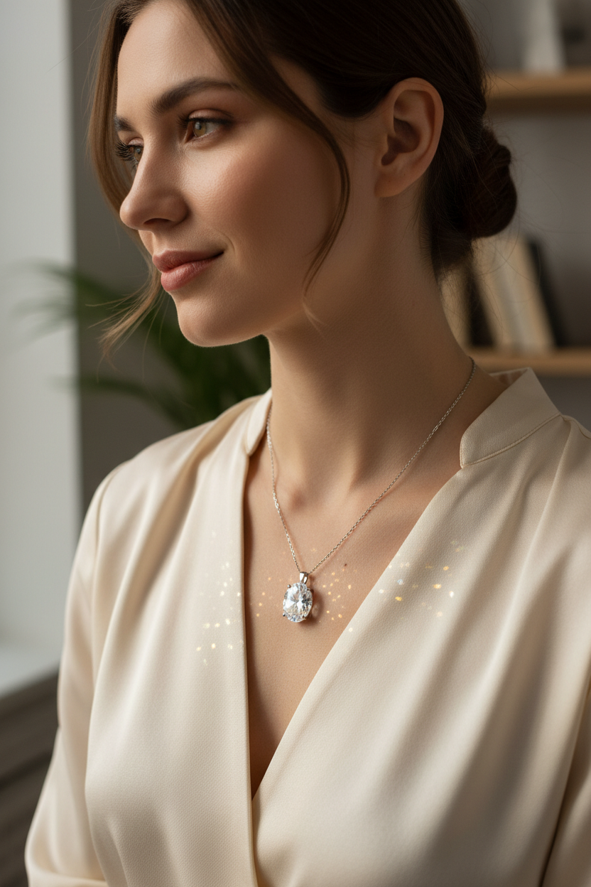 Woman Wearing Oval Moissanite Pendant
